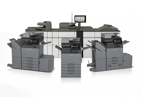Commercial Sharp multifunction printer system with multiple dark gray copier units