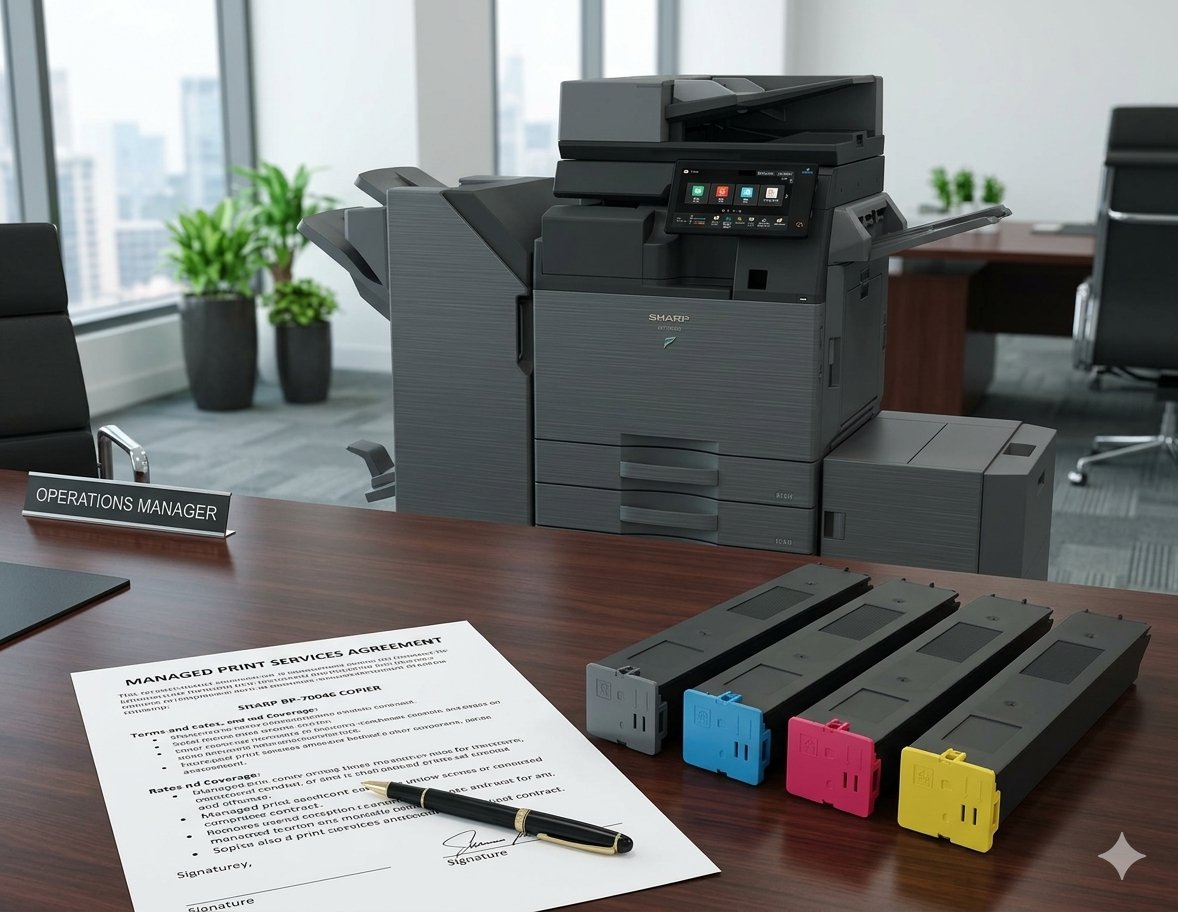 Sharp multifunction copier with CMYK toner cartridges and managed print services agreement